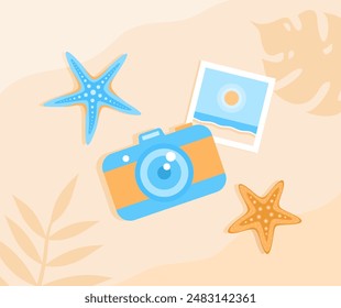 Camera with printed photo card and starfish on beach sand, top view. Flat vector illustration
