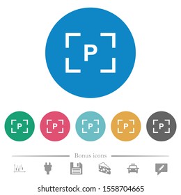 Camera program mode flat white icons on round color backgrounds. 6 bonus icons included.