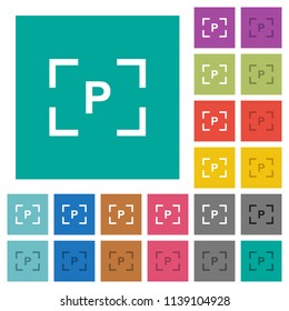 Camera program mode multi colored flat icons on plain square backgrounds. Included white and darker icon variations for hover or active effects.