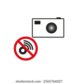 Camera with prohibition. No signal symbol. Photography restriction icon. Wireless connection ban.