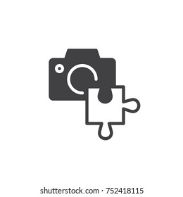 Camera with puzzle icon vector, filled flat sign, solid pictogram isolated on white. Camera add on indefication symbol, logo illustration.