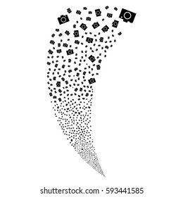 Camera random fireworks stream. Vector illustration style is flat black iconic symbols on a white background. Object fountain created from scattered symbols.