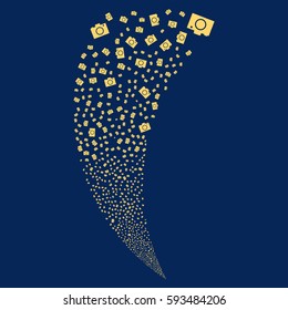 Camera random fireworks stream. Vector illustration style is flat yellow iconic symbols on a blue background. Object fountain created from scattered icons.