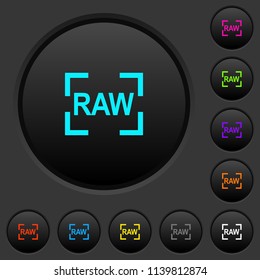 Camera raw image mode dark push buttons with vivid color icons on dark grey background