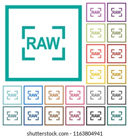 Camera raw image mode flat color icons with quadrant frames on white background