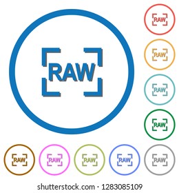 Camera raw image mode flat color vector icons with shadows in round outlines on white background
