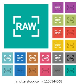 Camera raw image mode multi colored flat icons on plain square backgrounds. Included white and darker icon variations for hover or active effects.