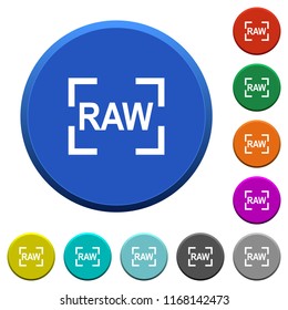 Camera raw image mode round color beveled buttons with smooth surfaces and flat white icons