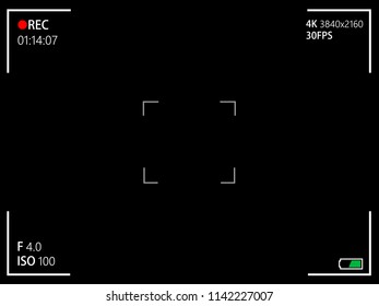 Camera rec interface viewfinder with digital focus and exposure settings. Screen photography frame. Focusing screen zoom, battery status, video quality, Image stabilization. Vector illustration EPS10