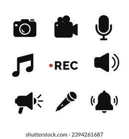 Cámara, grabación, micrófono, música, conjunto de iconos de altavoz aislados en fondo blanco