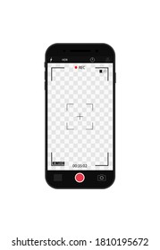 Camera record on screen. Cam frame with interface in phone for photo and 4k video. Viewfinder, focus, grid, zoom in mobile for videography and snapshot. Template smartphone with ui of display. Vector.