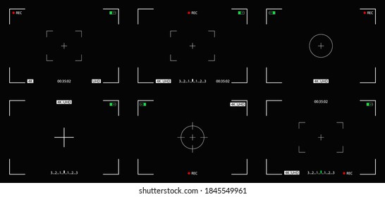 Camera of record video. Camera screen with frame, viewfinder and focus for surveillance. Production 4k movie for cinema and cctv. Rec on display with grid and capture. Icons for photography. Vector.