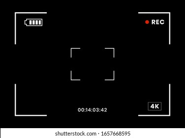 Camera recorder frame. Camcorder screen view with digital focus, video camera viewfinder isolated on black background. Photo frame screen, vector illustration