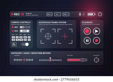 Camera Recording HUD UI With Autofocus and Playback Controls. Dark cinematic camera interface mockup with recording status, autofocus frame system, playback buttons, exposure meters. Vector UI