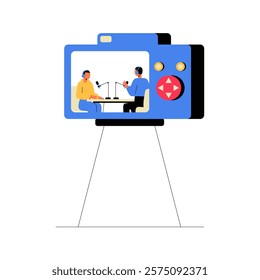 Camera Recording Podcasters In Studio Setup In Flat Vector Illustration Symbolizing Media Production And Podcasting, Isolated On White Background