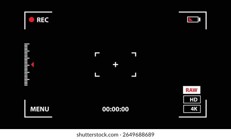 Camera recording screen template for overlay. Video camera viewfinder frame. Transparent PNG and vector illustration.