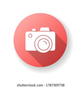 Camera red flat design long shadow glyph icon. Freelance photographer. Photography device. Shoot snapshot. Focus lens. Capture photo. Zoom on optical lens. Silhouette RGB color illustration