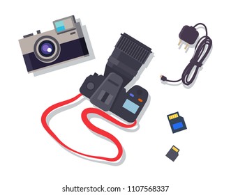 Camera with red lace collection of items used to give more memory, sd cards and wire to charge device vector illustration isolated on white background