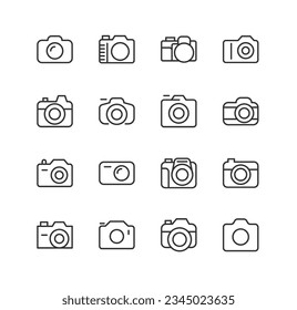 conjunto de iconos premium relacionados con la cámara. Elementos vectores con trazo editable. Aislado sobre un fondo blanco