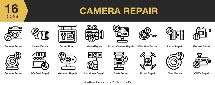 Conjunto de iconos de reparación de cámara. Incluye cámara de acción, cámara, cctv, drone, rollo de película, Filtrar y más. Colección de Vector de iconos de contorno.