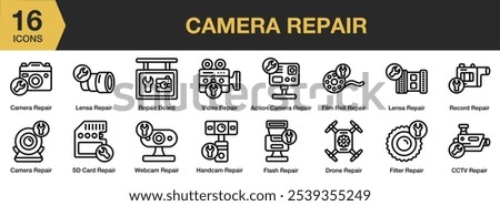 Camera Repair icon set. Includes action camera, camera, cctv, drone, film roll, filter, and More. Outline icons vector collection.