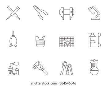 Camera repair icons in thin outlines. 