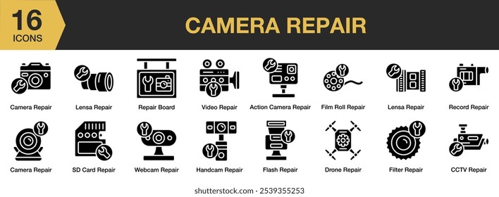 Conjunto de iconos sólidos de reparación de cámara. Video Incluye cámara web, £, handycam, flash y más. Colección de Vector de iconos sólidos.