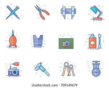 Camera repair tool icons in flat colors style. Vector illustration.