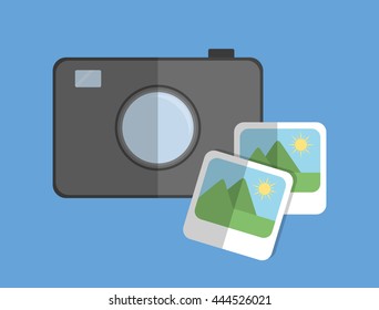Camera represented by gadget and pictures of landscape. Colorfull and flat illustration