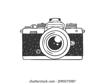 Camera. Retro hand-drawn camera. Illustration in sketch style. Vector image