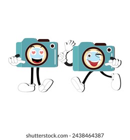 Camera Retro Mascot Character cartoon, camera mascot is smiling and with thumbs up. Vector hand drawn illustration