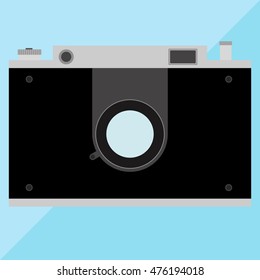 Camera, retro camera, photo, frame, lens. Flat design, vector.