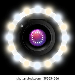 The camera and ring light. Vector illustration.