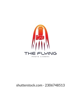 Camera rocket launch logo. Flying camera into space vector icon illustration