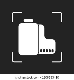 Camera roll icon. Photo or video strip. White object in camera autofocus on dark background