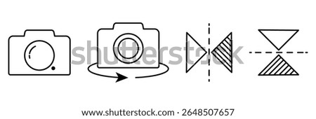 Camera rotate flip mirror transformation icons in line style for image editing tool photo modify interface vector illustration.
