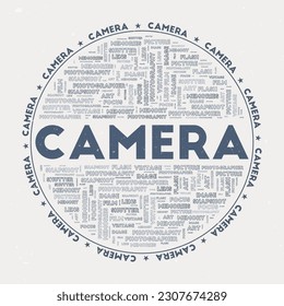 Camera - round badge. Text camera with keywords word clouds and circular text. Night Market color theme and grunge texture. Attractive vector illustration.