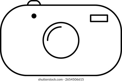 camera with rounded corners, a large circular lens in the center, a small shutter button on the upper left, and a rectangular flash indicator on the upper right.