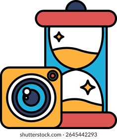 A camera and a sand timer are shown together. The camera is yellow and the timer is blue and red. The camera is a symbol of capturing moments and memories