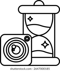 A camera and a sand timer are shown together. The camera is yellow and the timer is blue and red. The camera is a symbol of capturing moments and memories