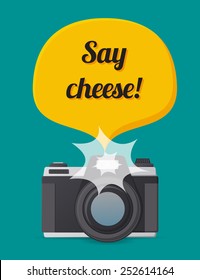 Camera with a say cheese note in flat style in vector