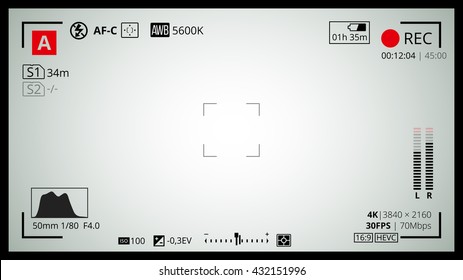 Camera screen with 16x9 Full HD and 4k video grid. Most of shooting settings like AF dot, exposure and camera options. Recording Rec led blinked. Vector background