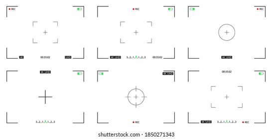 Camera screen with frame, focus and lens. Viewfinder for rec video. Photo of dslr with shutter. Display of cam on white background. Record film for cinema. Videography with zoom, capture, grid. Vector