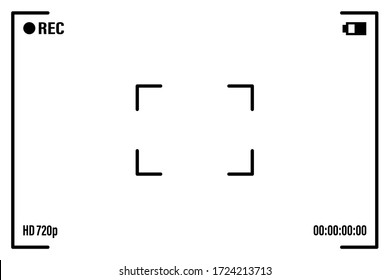 Camera screen with white frame, figures and battery symbol. Camcorder viewfinder on black background. Vector illustration for your graphic design.