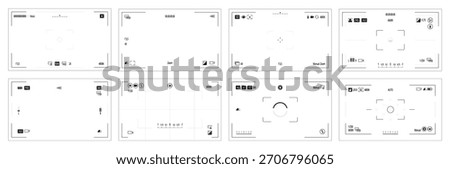 Camera screens mockups. Vector viewfinder arrangements. Center focus markers, grid overlays and framing boxes. Interface prototyping, photography UI demonstrations or digital simulation environments