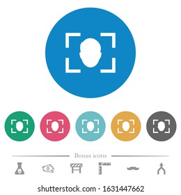 Camera selfie mode flat white icons on round color backgrounds. 6 bonus icons included.