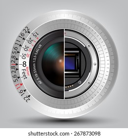 camera sensor and lens with scale vector background