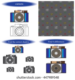 Camera. Set of Coloring book for children.  Find the correct shadow. Find differences.