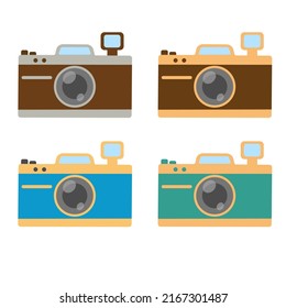 Camera set with flash. Flat vector illustration of a camera. Isolated on white background.
