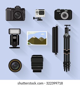 camera set . flat graphic photo camera and tools set on blue background
